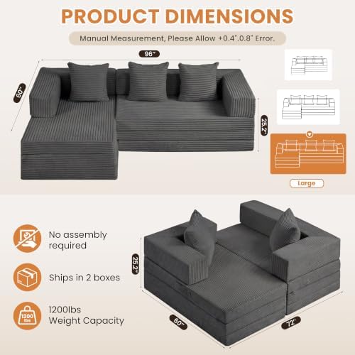 96" Boneless Couch for Living Room, Oversized Modular Sectional Sofa Bed - Image 2