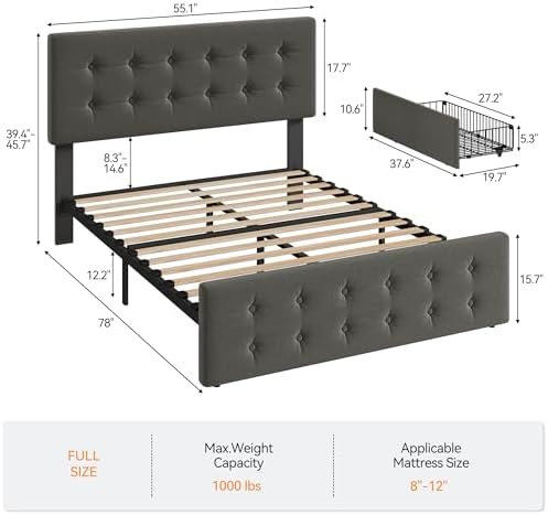 IDEALHOUSE Full Bed Frame with 4 Storage Drawers and Headboard, Light Grey - Image 2
