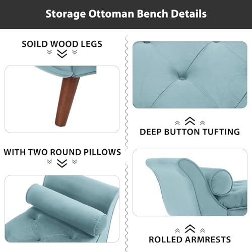 Storage Bench for Bedroom End of Bed, Velvet Upholstered Rolled Armed Button - Image 5