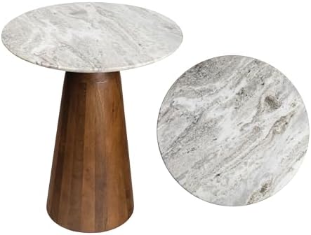 JONATHAN Y Kaito 18" Round White Marble End Table, Honey Wood by JONATHANY