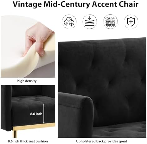 Black Accent Chair, Upholstered Velvet Armchair Comfy Modern Single Sofa Side - Image 5