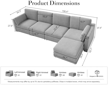 Oversized Modular Sectional Sofa L-Shaped Cloud Couches Gray - Image 2