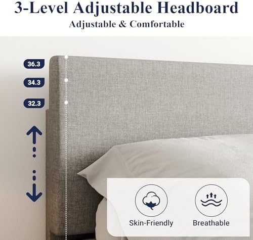 Allewie Full Size Upholstered Bed Frame Adjustable Headboard, Light Grey - Image 4