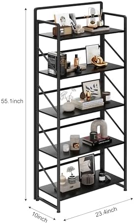 JSB No Assembly Folding Bookshelf, 5 Tier Industrial Metal Book Shelf - Image 3