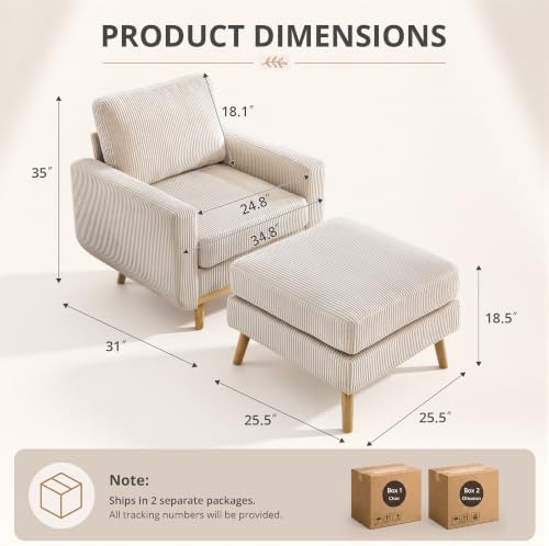 Accent Chair with Movable Ottoman, Reading Chair and Ottoman Set, Upholstered - Image 2