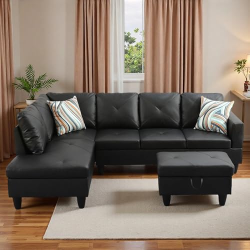 L-Shaped Sectional Sofa with Movable Chaise & Storage Ottoman, Leather 3-Piece - Image 4