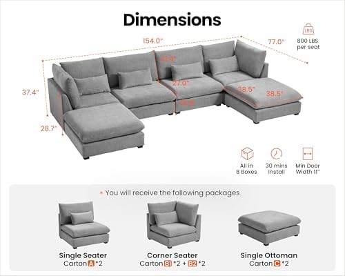 154" Oversized Chenille Modular Sectional Sofa Couches - Image 2
