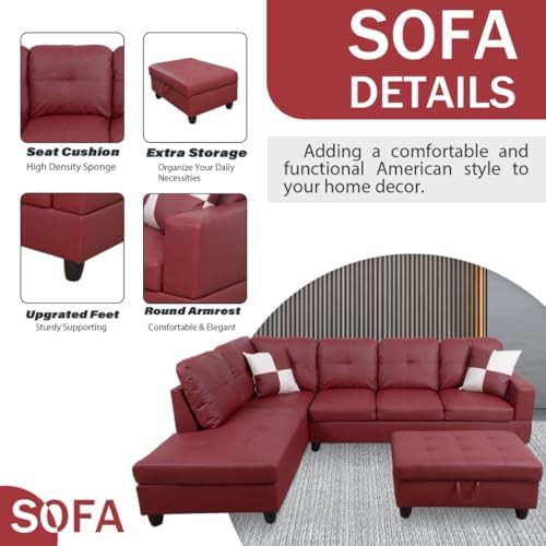 Red L-Shaped 3-Piece Faux Leather Sofa - Image 4