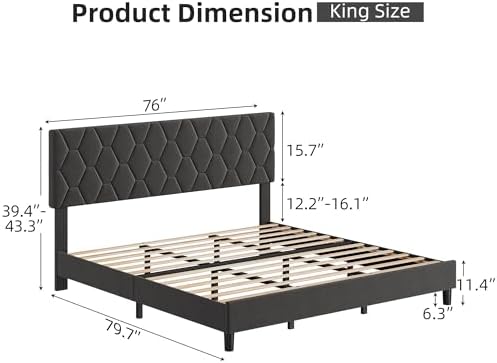 King Size Platform Bed Frame – Light Gray Upholstered Adjustable Headboard – - Image 5