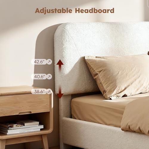 Full Size Cloud Bed Frame, Cream White Boucle Platform Bed, Upholstered - Image 4