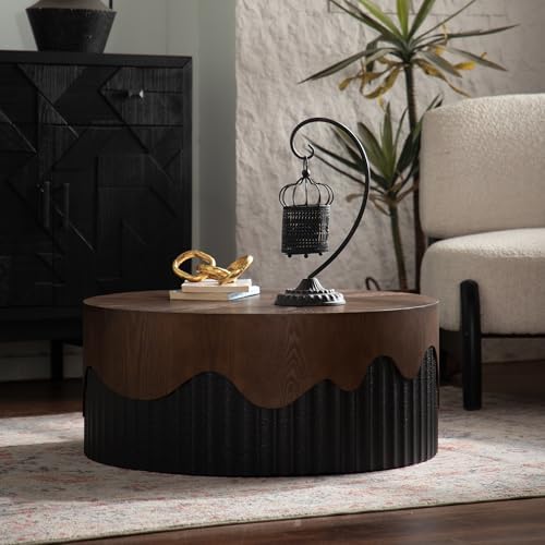 30.31" Round Coffee Table Handcrafted Relief Sturdy Pedestal Wooden Tea Table - Image 4