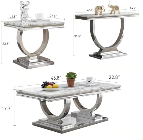 Henf 3 Piece Living Room Table Set, Faux Marble Coffee Table & Console Table & - Image 3