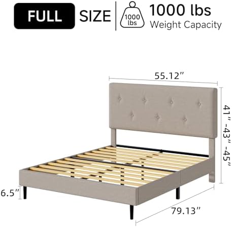 Full Size Linen Bed Frame with Adjustable Headboard Beige - Image 2