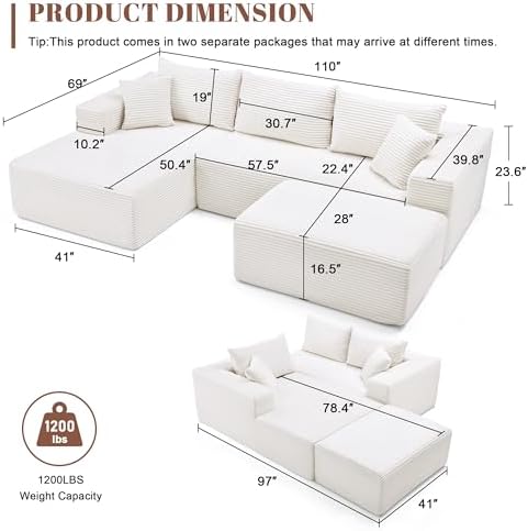 Mangodan 110” Cloud Sectional Couch, Modular Sectional Sofa - Image 3