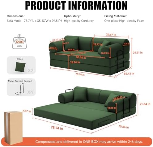 79" Memory Foam Sofa Bed, High Backrest Convertible Futon Boneless Couch - Image 2