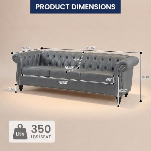 3 Seat Chesterfield Sofa, Faux Leather Couch - Image 2