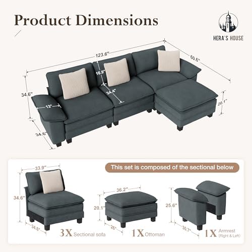 HERA'S HOUSE 124" Oversized Modular Sectional L Shaped Sofa, Chenille Blue - Image 2