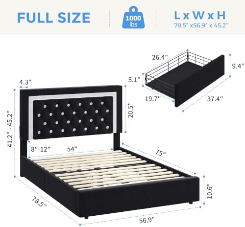 Full Bed Frame with Storage Drawers and LED Lights, Velvet Upholstered Platform - Image 2