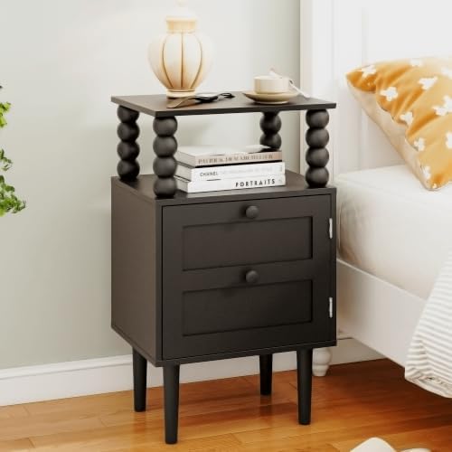 Nightstand with Storage Drawer and Open Wood Shelf, Solid Wood Legs by Unknown