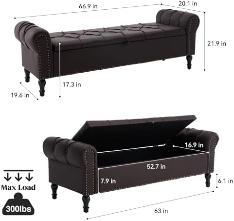 Faux Leather Storage Bench 67 Inch Upholstered Tufted Ottoman Bench - Image 2