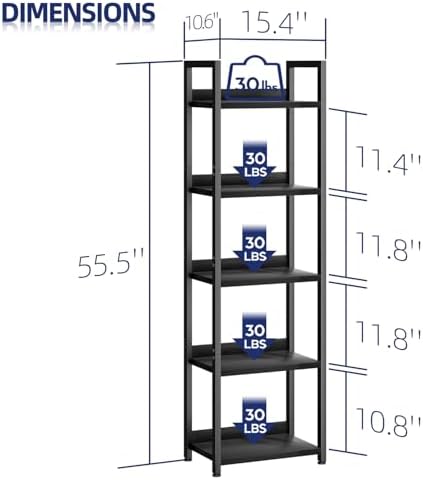 NUMENN Narrow Bookshelf, 5 Tier Bookshelves, Home Office Bookcase Shelf Storage - Image 3