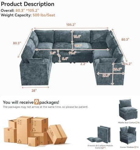 105" Blue Oversized Modular Storage Sofa, U Shaped Chenille Cloud Couch - Image 2