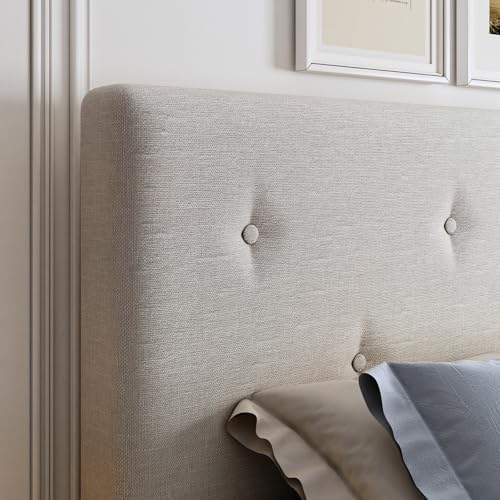 Full Size Linen Bed Frame with Adjustable Headboard Beige - Image 3
