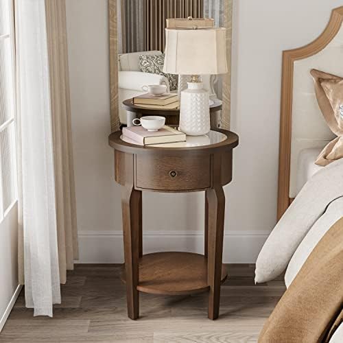 COSIEST Round Nightstand with Drawer, 2-Tier MDF End Table with Storage Shelf - Image 3