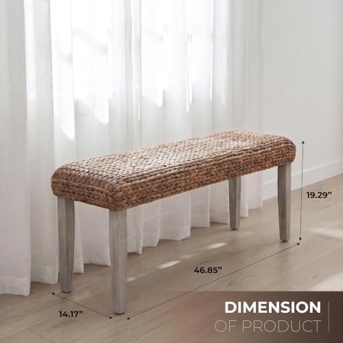 Solid Wood Acacia Indoor Bench, Natural Woven Water Hyacinth Seat - Image 2