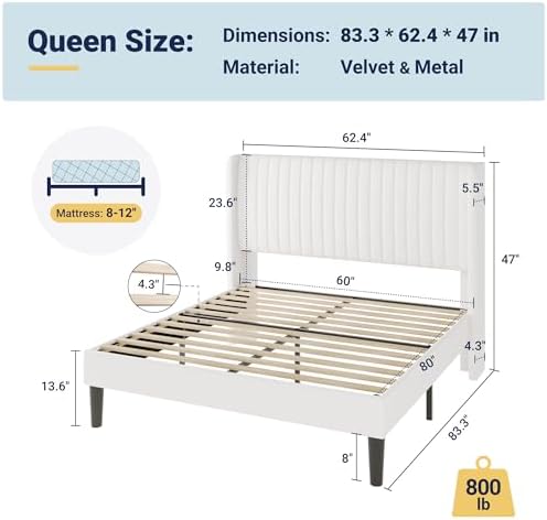 Allewie Queen Size Velvet Bed Frame/Vertical Channel Tufted Wingback - Image 2