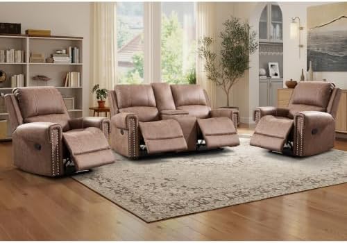 EBELLO 3-Piece Manual Recliner Sofa Set, Faux Leather 2 Overstuffed Single - Image 7