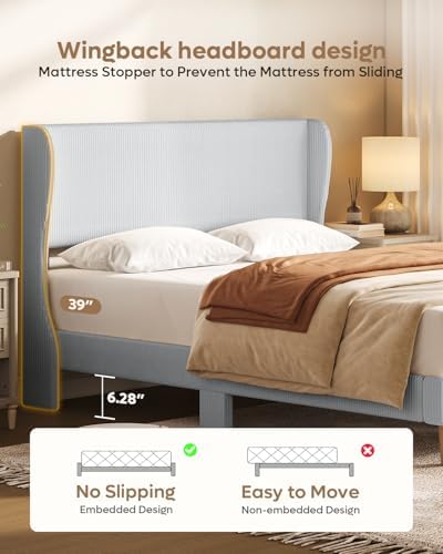 Bestier Queen Bed Frame with Wingback Headboard, Upholstered, Light Grey - Image 3