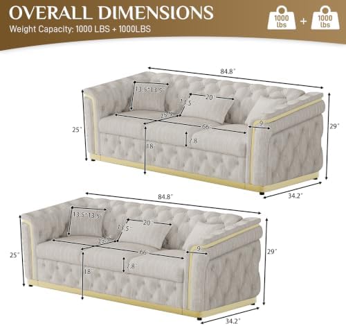 2-Piece 84.8" Velvet Sofa Set, Chesterfield Tufted - Image 2
