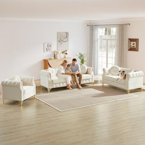 3 Pieces Mid Century Modern Chesterfield Sofa Set, Upholstered Button Tufted - Image 3