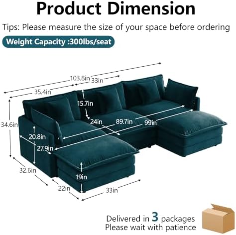 103" Modular Sectional Sofa, 5 Seater Deep Seat Cloud Couch - Image 2