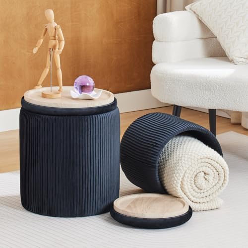 BLEXA Round Storage Ottoman, Velvet Vanity Stool - Image 6