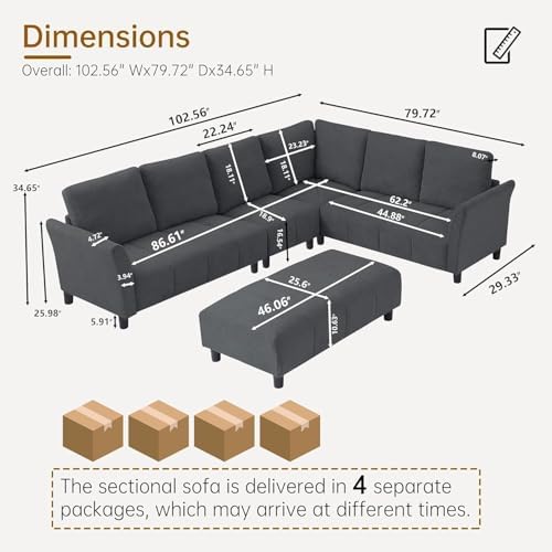 103" L Shaped Couch with Ottoman, 6 Seater Sectional Sofa - Image 2