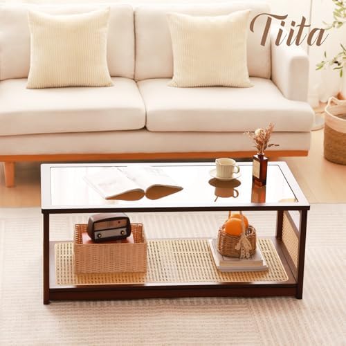 Tiita Bamboo Coffee Table, Glass Top, Rattan Storage, 2-Tier Storage - Image 6