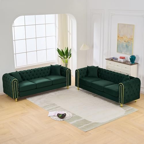 Velvet Chesterfield Button Tufted Sofa Set, Upholstered Comfy Sofa - Image 3