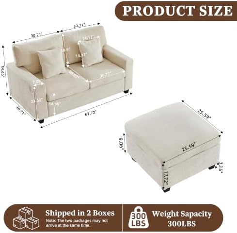 67.7'' Loveseat Sofa with Ottoman Sectional Sofa with Type-C & USB Charging - Image 2