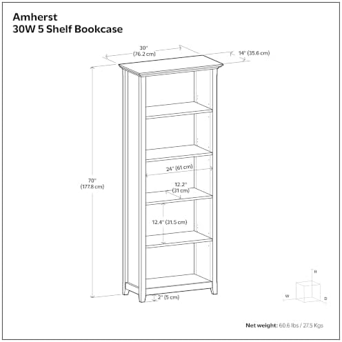SIMPLIHOME Amherst 70" Tall Solid Wood 5-Shelf Bookcase in Russet Brown - Image 3