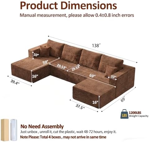 138" Modern Modular Sectional Sofa, U-Shaped Cloud Couch, Soft Corduroy - Image 2