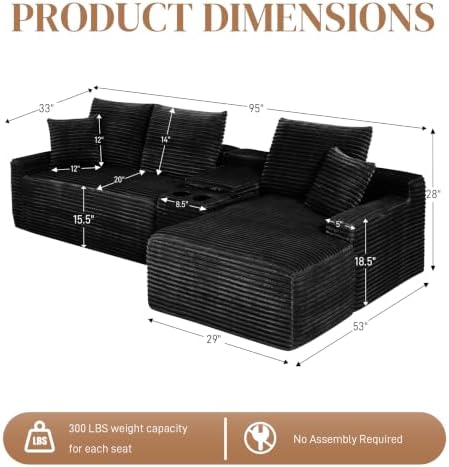 95" L Shaped Cloud Couch Modular Sectional Sofa, Comfy Fluffy Corduroy Black - Image 2