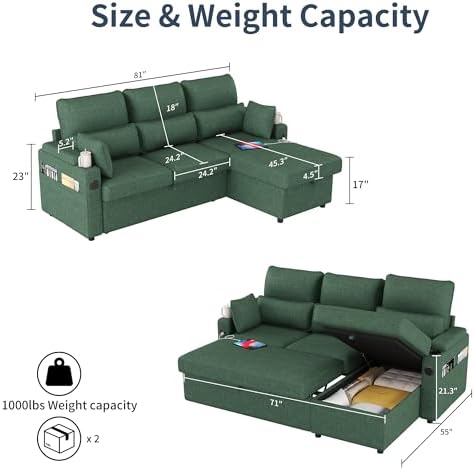 81" L-Shaped Sectional Sofa Couch, Pull-Out Sleeper Sofa Bed - Image 2