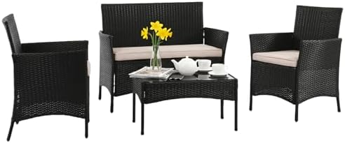 FDW 4-Piece Patio Furniture Set | Black & Beige | Outdoor Wicker Furniture by FDW