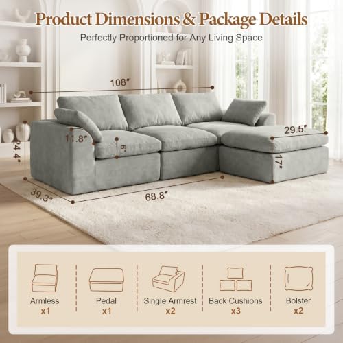 108" Cloud Sectional Couches for Living Room, Oversized Boneless Modular L - Image 2