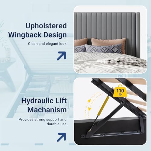 Allewie Queen Size Lift Up Storage Bed Frame Channel Tufted Headboard Grey - Image 6