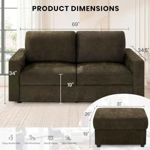 69” Chenille Loveseat Couch W/Two Movable Ottoman - Image 2