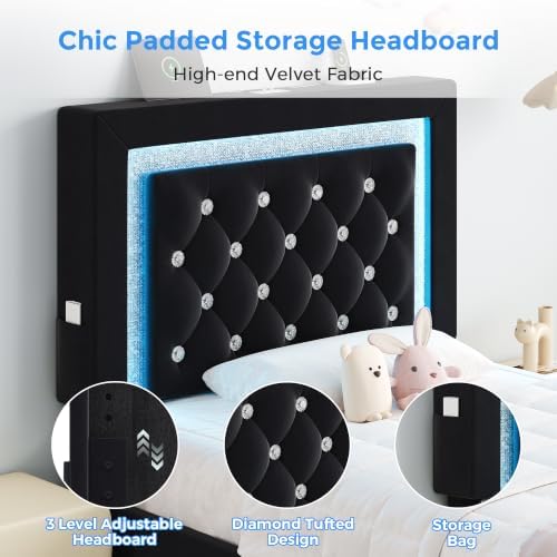 Twin Bed Frame with Storage Drawers and LED Lights, Velvet Upholstered Platform - Image 4