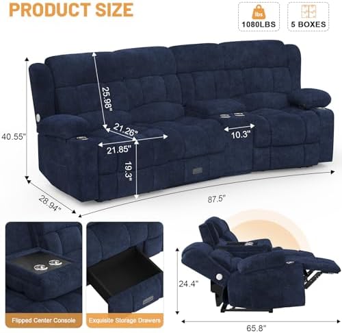 Dresegmt Recliner Sofa with Storage Console, Flip Middle Backrest Design - Image 2